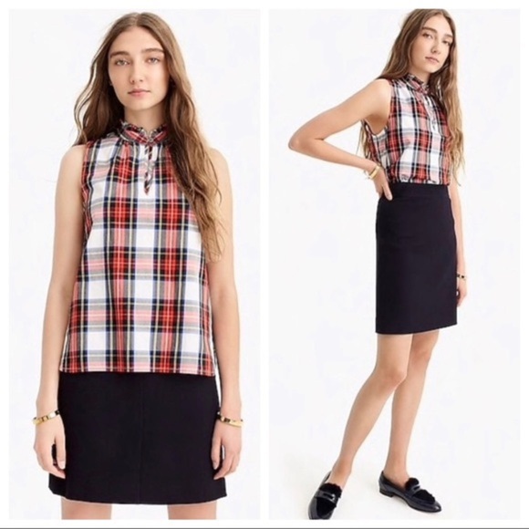 NWT J. crew tartan red plaid sleeveless ruffle top - Picture 1 of 5
